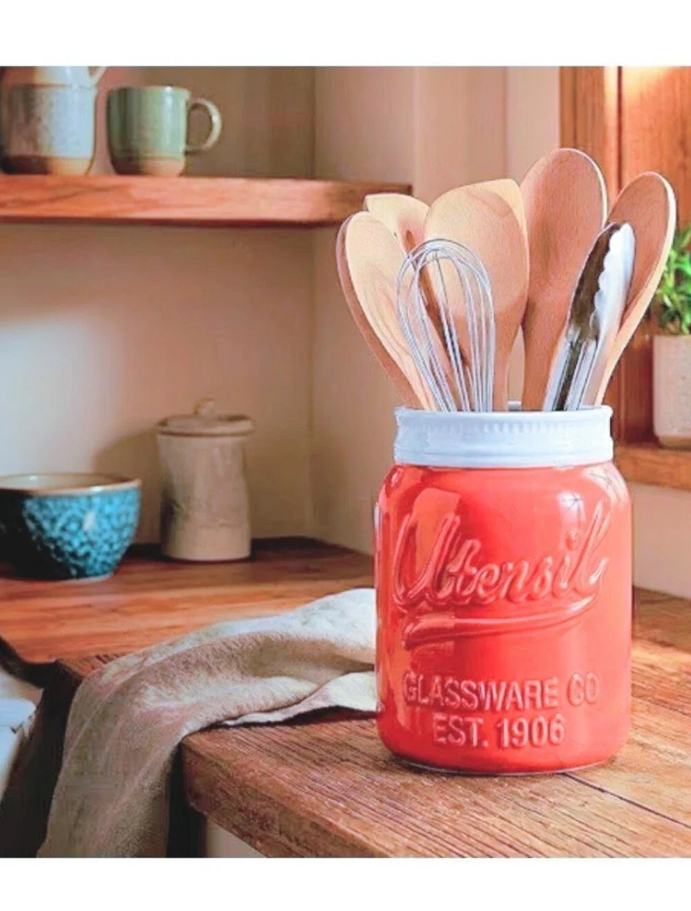 Red Ceramic Mason Jar Crock Utensil Holder Farmhouse Vase‎ Country Decor